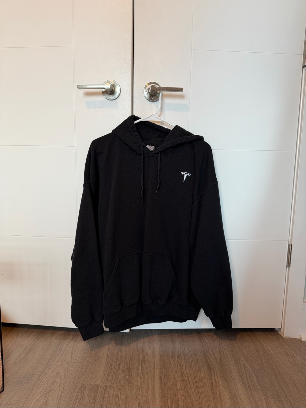 Gildan Black Hoodie with Small White Tesla Logo